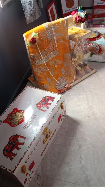 Hand-Painted Padla Peti Trunk and Saffron Bridal Poshak Display by Karish Creation Ratlam