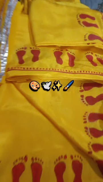 Yellow ceremonial wedding silk cloth hand-painted with sacred red Charan Paduka footprints