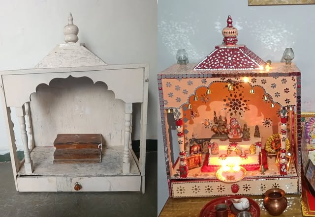 Before and after transformation of a wooden pooja mandir with Lippan mirror art by Karish Creations